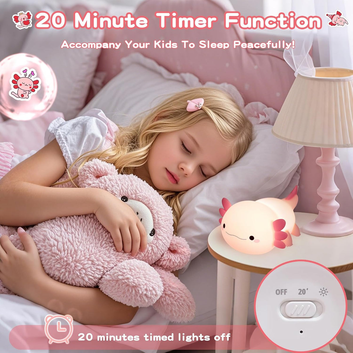 FAMIDUO Pink Axolotl Lamp, Food-Grade Silicone Squishy Night Light for Kids