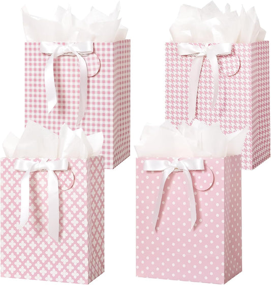 Pink Gift Bags Medium Size with Handles, Tissue Paper & Ribbon - 4 Pack 9"- Medium Gift Bags for Women Birthday Christmas Wedding Bridal Shower Graduation & New Year Gifts