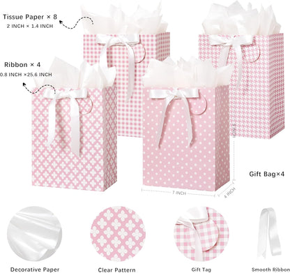 Pink Gift Bags Medium Size with Handles, Tissue Paper & Ribbon - 4 Pack 9"- Medium Gift Bags for Women Birthday Christmas Wedding Bridal Shower Graduation & New Year Gifts