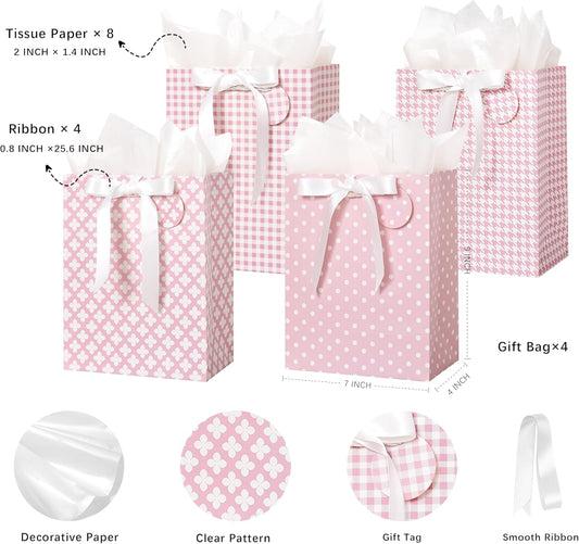 Pink Gift Bags Medium Size with Handles, Tissue Paper & Ribbon - 4 Pack 9"- Medium Gift Bags for Women Birthday Christmas Wedding Bridal Shower Graduation & New Year Gifts
