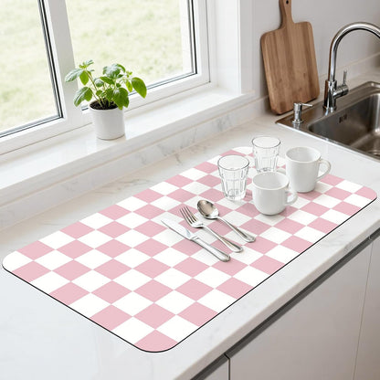 Checkered Dish Mat for Kitchen Coffee Station, 17" x 32" Pink