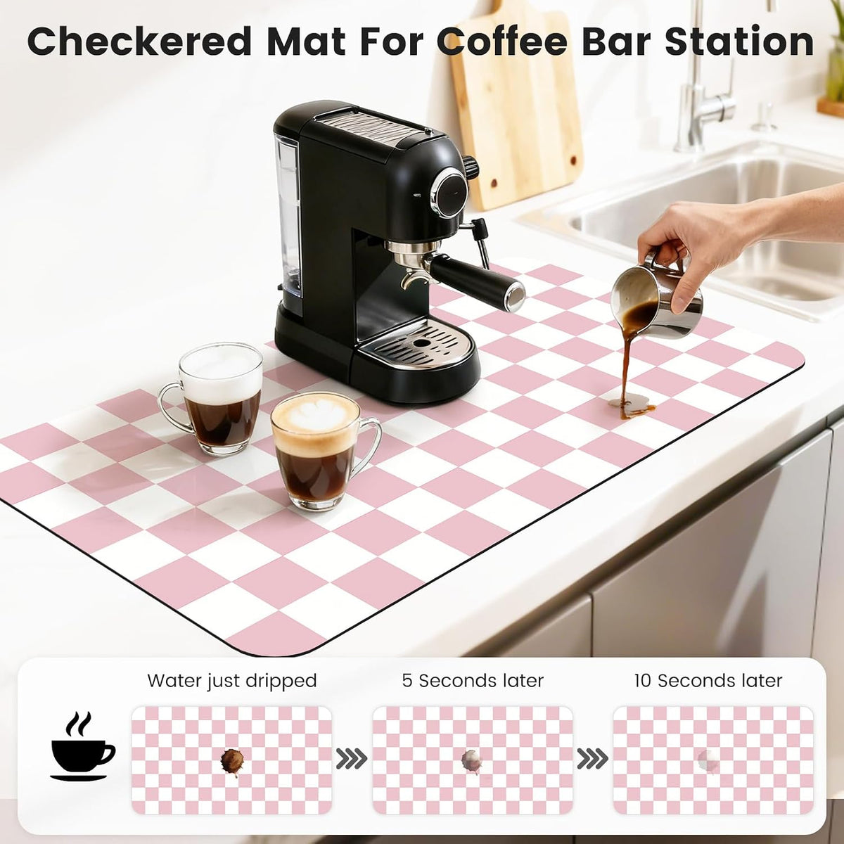 Checkered Dish Mat for Kitchen Coffee Station, 17" x 32" Pink