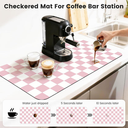 Checkered Dish Mat for Kitchen Coffee Station, 17" x 32" Pink