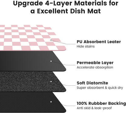 Checkered Dish Mat for Kitchen Coffee Station, 17" x 32" Pink