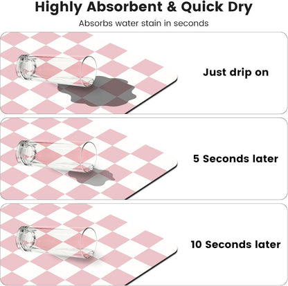 Checkered Dish Mat for Kitchen Coffee Station, 17" x 32" Pink