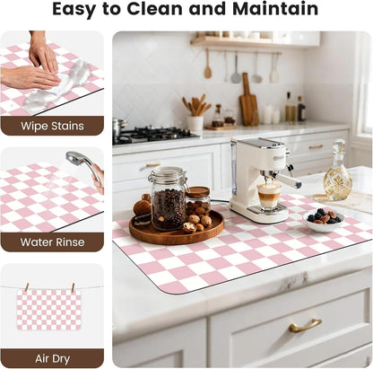 Checkered Dish Mat for Kitchen Coffee Station, 17" x 32" Pink