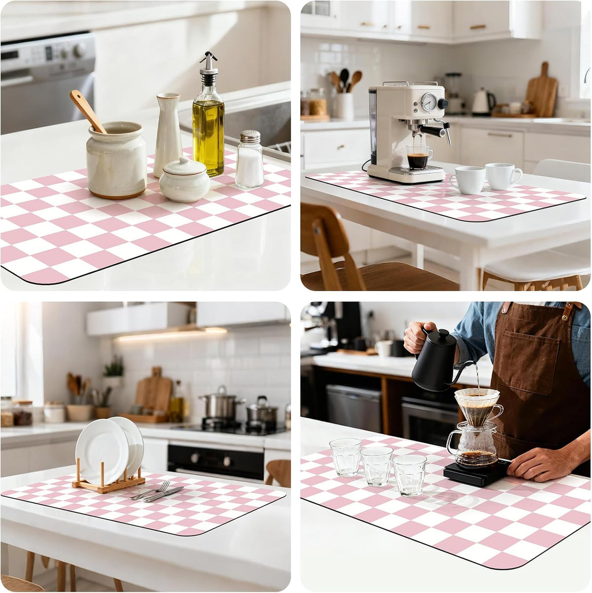 Checkered Dish Mat for Kitchen Coffee Station, 17" x 32" Pink