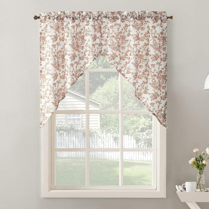 Eloise 2-Pack Tonal Botanical Semi-Sheer Rod Pocket Kitchen Curtain Swag Pair, Blush Pink, 27" W x 38" L