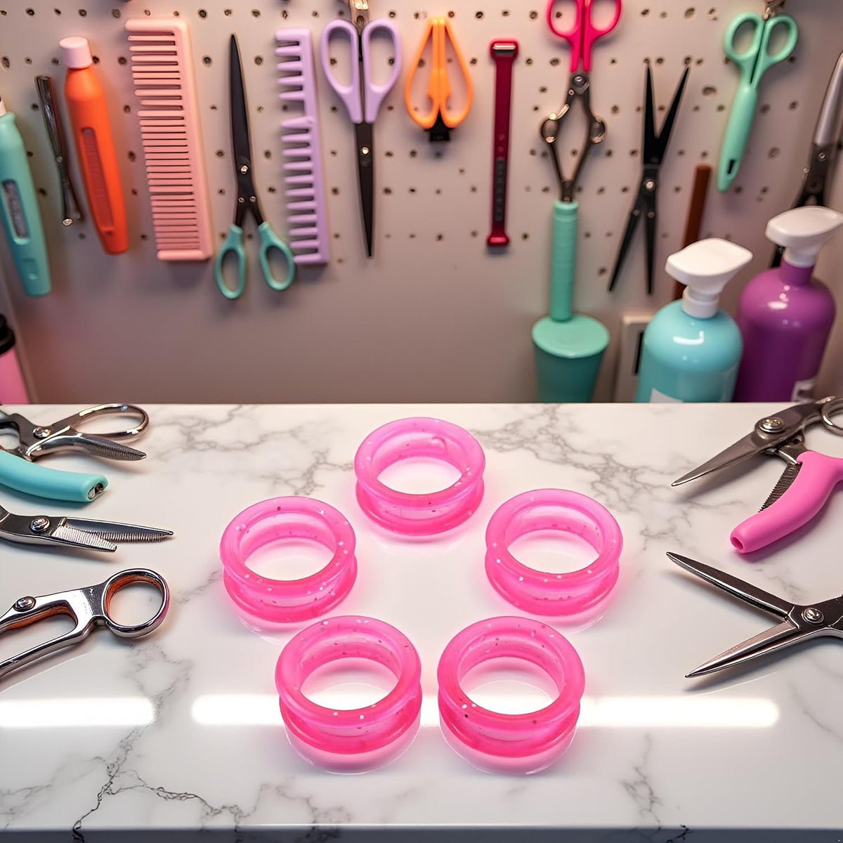5 Pcs Pink Silicone Scissors Finger Rings Grips Grooming Shear Thumb Inserts Finger Protector Ring for Barber Hair Cutting Scissors Pet Shears
