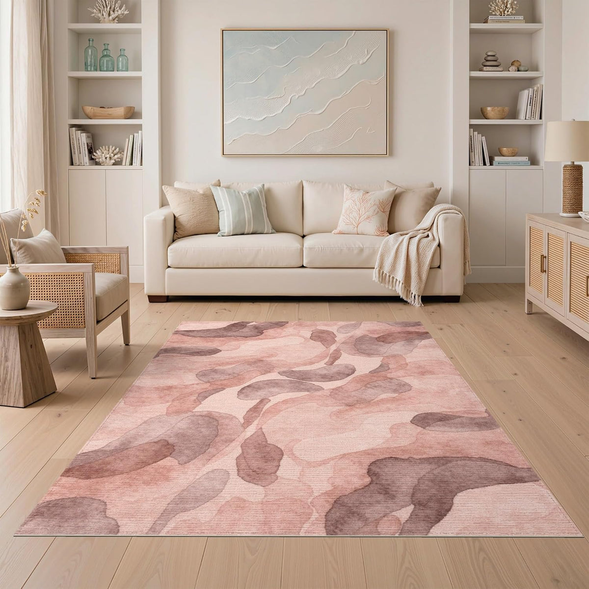 5'x7' Washable Modern Abstract Area Rug, Dusty Rose Flatwoven Floor Covering for Dining Room, Under Table, Home Office, Non-Slip Chair-Friendly Carpet | Ref:2164494