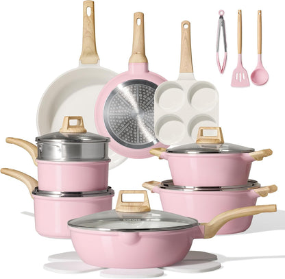 21pcs Ceramic Cookware Set, Pots and Pans Set, Pink