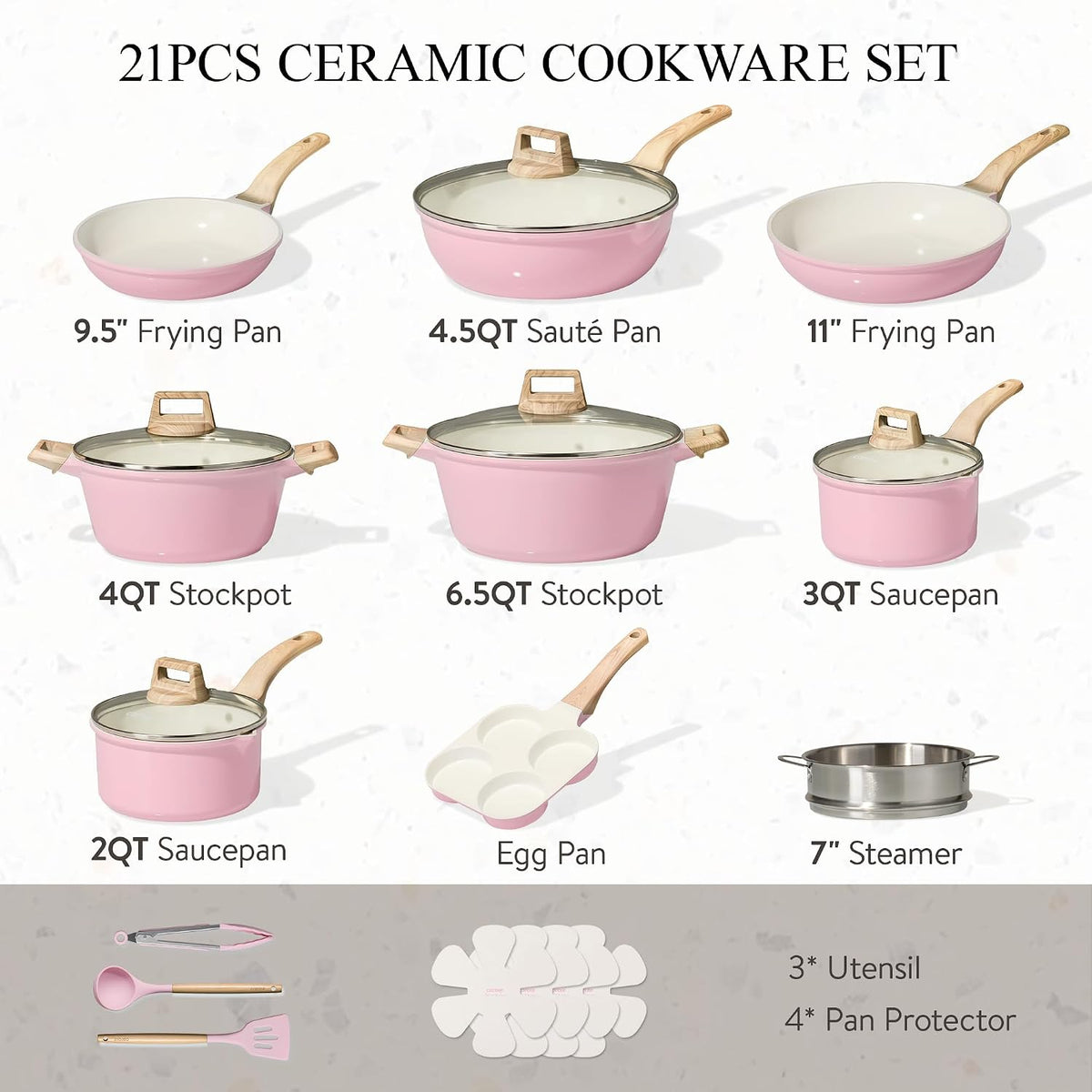 21pcs Ceramic Cookware Set, Pots and Pans Set, Pink
