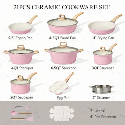21pcs Ceramic Cookware Set, Pots and Pans Set, Pink