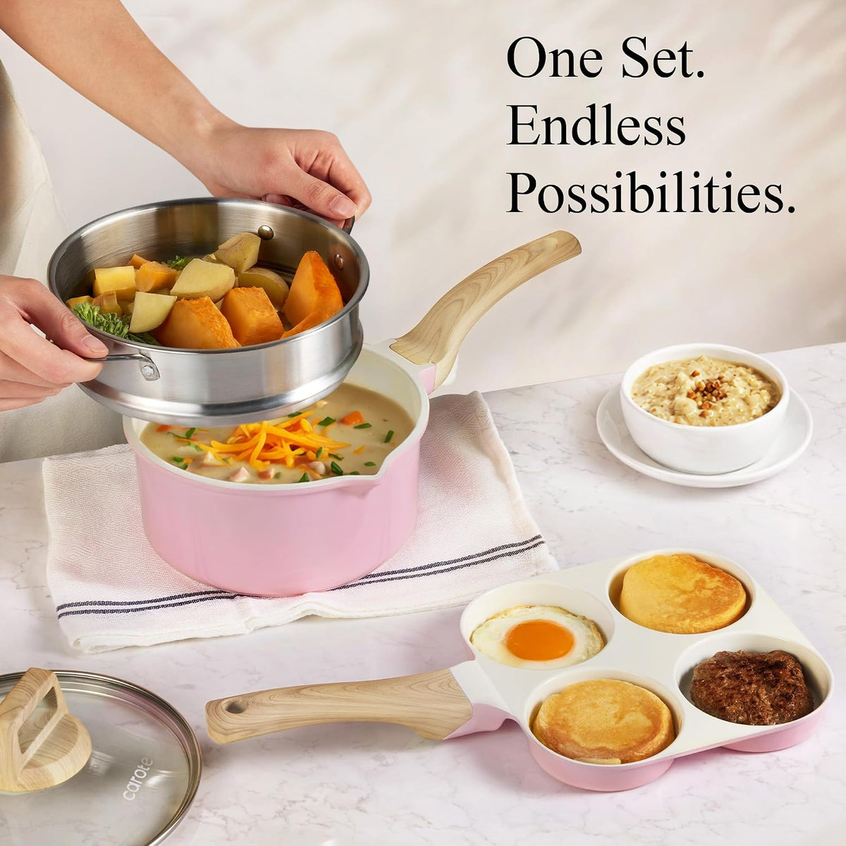 21pcs Ceramic Cookware Set, Pots and Pans Set, Pink