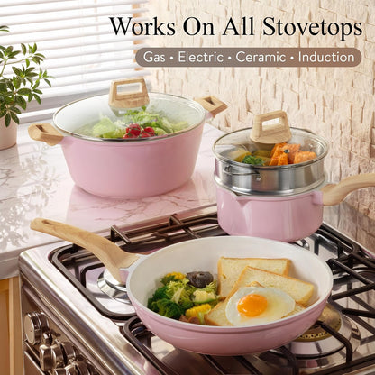 21pcs Ceramic Cookware Set, Pots and Pans Set, Pink