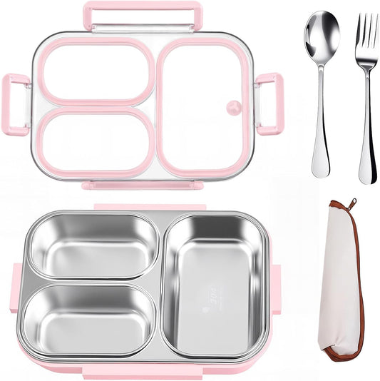 25oz 18/8 Stainless Steel Lunch Box Kit (Bento Box + Fork/Spoon) - 3 Leakproof Compartments - Metal Snack Box for Kids & Adults - School/Office/Travel - Dishwasher Safe (Pink)