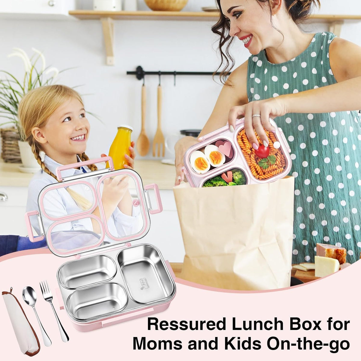 25oz 18/8 Stainless Steel Lunch Box Kit (Bento Box + Fork/Spoon) - 3 Leakproof Compartments - Metal Snack Box for Kids & Adults - School/Office/Travel - Dishwasher Safe (Pink)