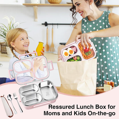 25oz 18/8 Stainless Steel Lunch Box Kit (Bento Box + Fork/Spoon) - 3 Leakproof Compartments - Metal Snack Box for Kids & Adults - School/Office/Travel - Dishwasher Safe (Pink)