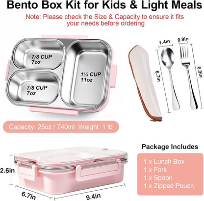 25oz 18/8 Stainless Steel Lunch Box Kit (Bento Box + Fork/Spoon) - 3 Leakproof Compartments - Metal Snack Box for Kids & Adults - School/Office/Travel - Dishwasher Safe (Pink)