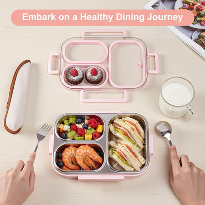 25oz 18/8 Stainless Steel Lunch Box Kit (Bento Box + Fork/Spoon) - 3 Leakproof Compartments - Metal Snack Box for Kids & Adults - School/Office/Travel - Dishwasher Safe (Pink)