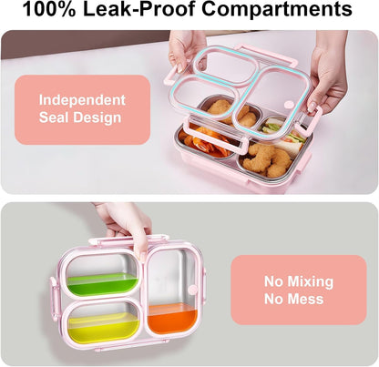 25oz 18/8 Stainless Steel Lunch Box Kit (Bento Box + Fork/Spoon) - 3 Leakproof Compartments - Metal Snack Box for Kids & Adults - School/Office/Travel - Dishwasher Safe (Pink)