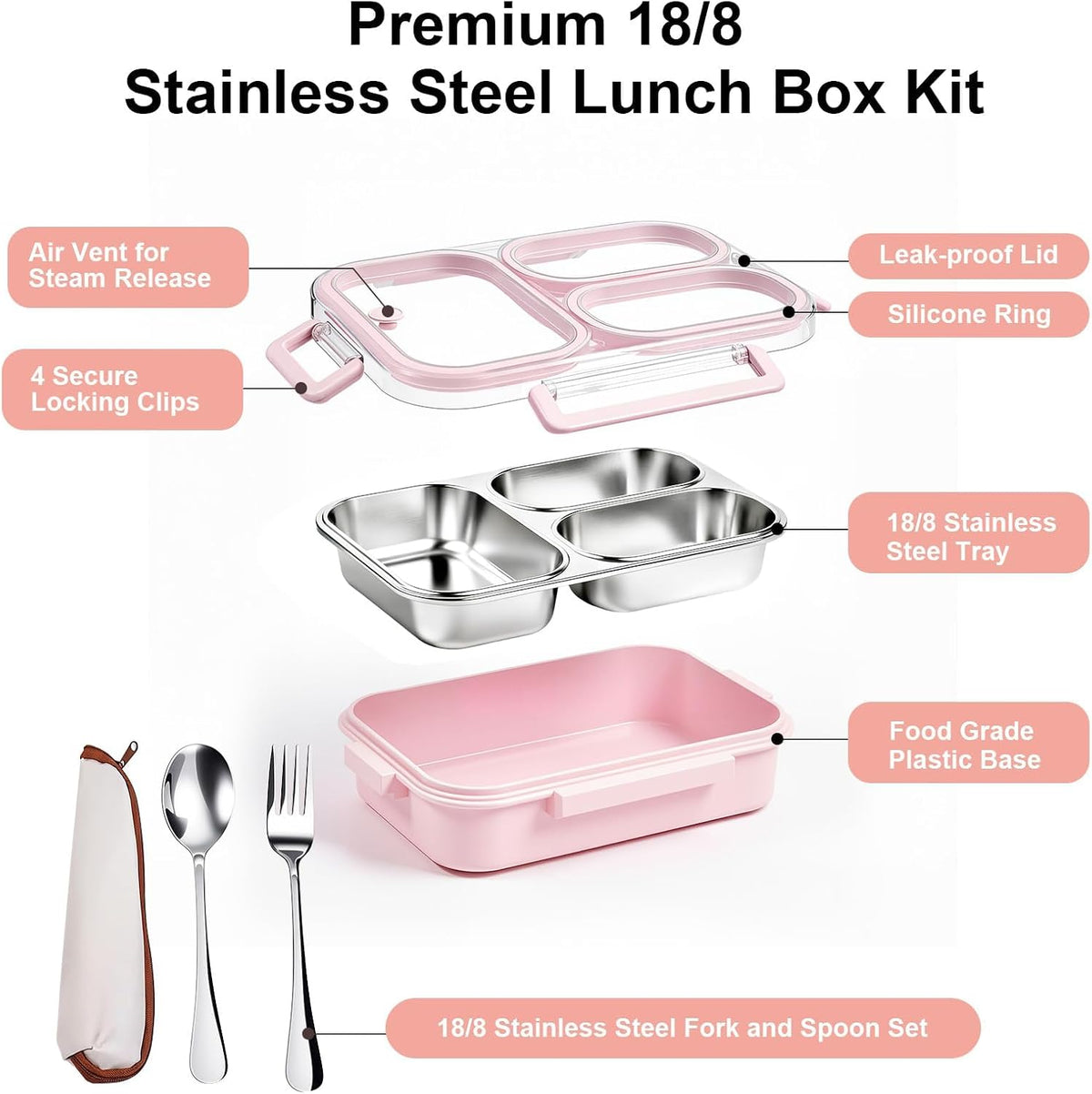 25oz 18/8 Stainless Steel Lunch Box Kit (Bento Box + Fork/Spoon) - 3 Leakproof Compartments - Metal Snack Box for Kids & Adults - School/Office/Travel - Dishwasher Safe (Pink)