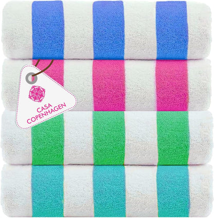Cabana Towel 4Pcs Teal,Blue,Pink,Green Designer Stripe Beach Towels Gift Set, 30"x60" Oversized 100%Cotton Pool Bath Towel for Beach Gift Set (Perfect Summer Gift Set For Women & Men)