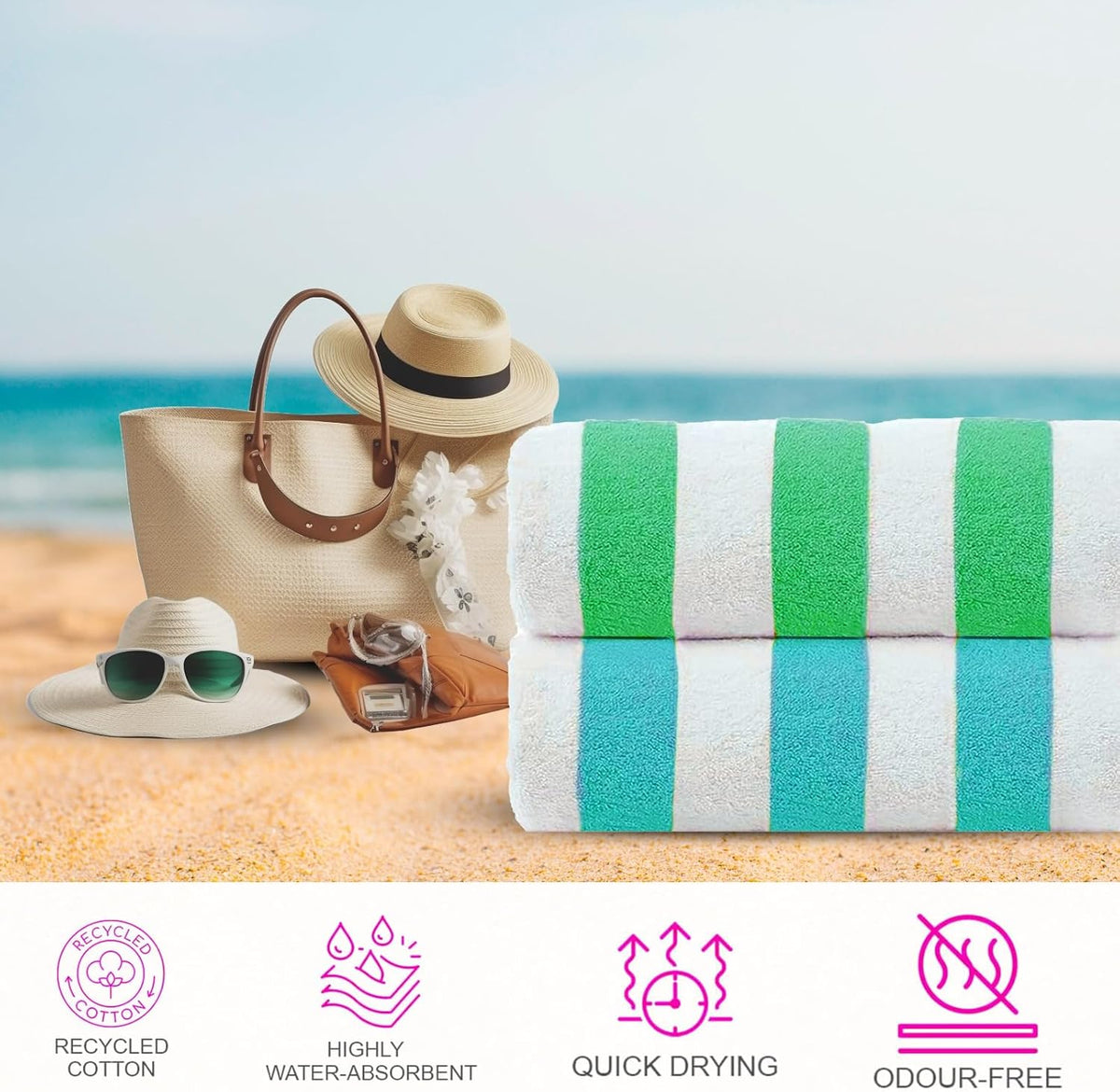 Cabana Towel 4Pcs Teal,Blue,Pink,Green Designer Stripe Beach Towels Gift Set, 30"x60" Oversized 100%Cotton Pool Bath Towel for Beach Gift Set (Perfect Summer Gift Set For Women & Men)
