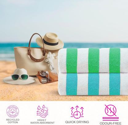 Cabana Towel 4Pcs Teal,Blue,Pink,Green Designer Stripe Beach Towels Gift Set, 30"x60" Oversized 100%Cotton Pool Bath Towel for Beach Gift Set (Perfect Summer Gift Set For Women & Men)