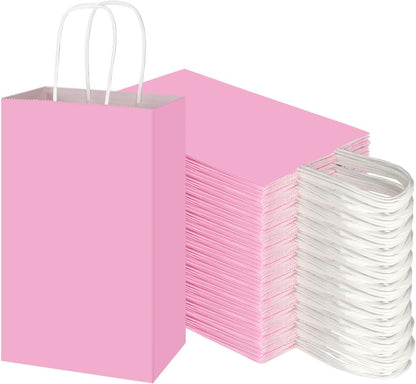 100 Pack 5.25x3.25x8.25 Inch Small Light Pink Kraft Paper Bags with Handles Bulk, Gift Wrap Bags for Favor Grocery Retail Party Birthday Shopping Business Goody Craft Merchandise Take Out Sacks