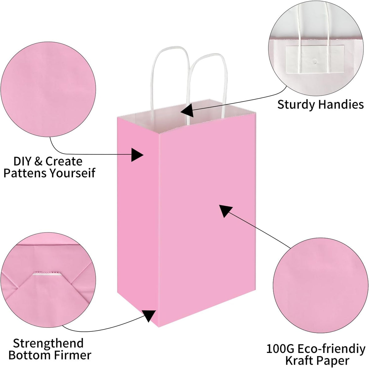 100 Pack 5.25x3.25x8.25 Inch Small Light Pink Kraft Paper Bags with Handles Bulk, Gift Wrap Bags for Favor Grocery Retail Party Birthday Shopping Business Goody Craft Merchandise Take Out Sacks