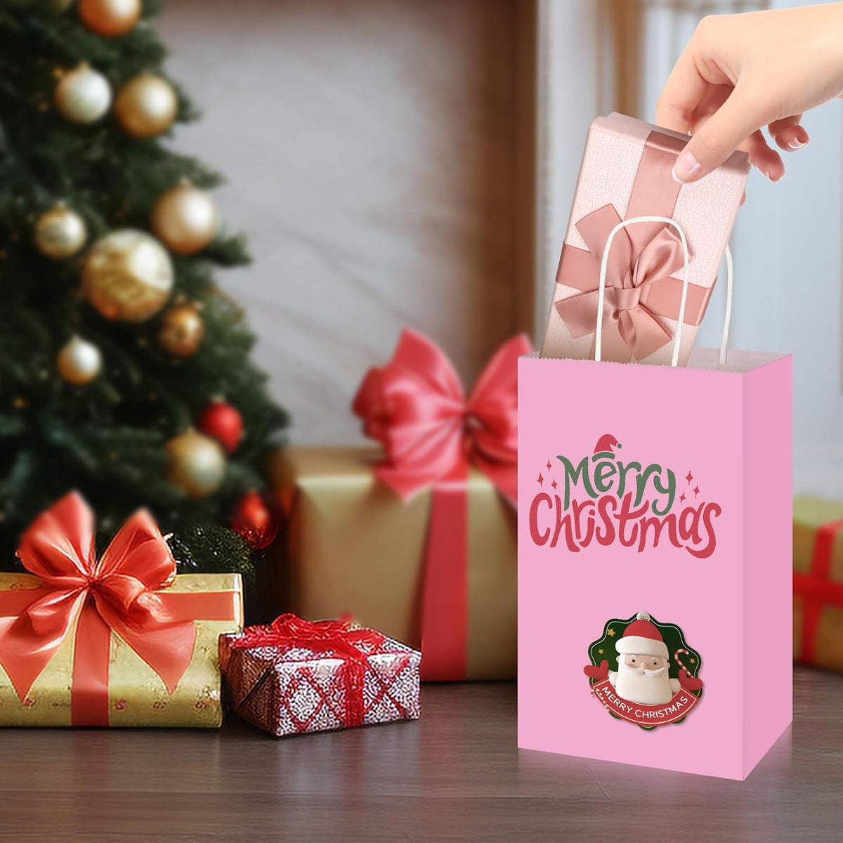 100 Pack 5.25x3.25x8.25 Inch Small Light Pink Kraft Paper Bags with Handles Bulk, Gift Wrap Bags for Favor Grocery Retail Party Birthday Shopping Business Goody Craft Merchandise Take Out Sacks