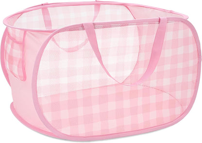 Sturdy Collapsible Laundry Baskets - Pop Up Laundry Hampers with Handy Pocket, Foldable Clothes Hamper with Reinforced Carry Handles for Bathroom, Kids Room, Dorm or Travel - Check Print, Pink