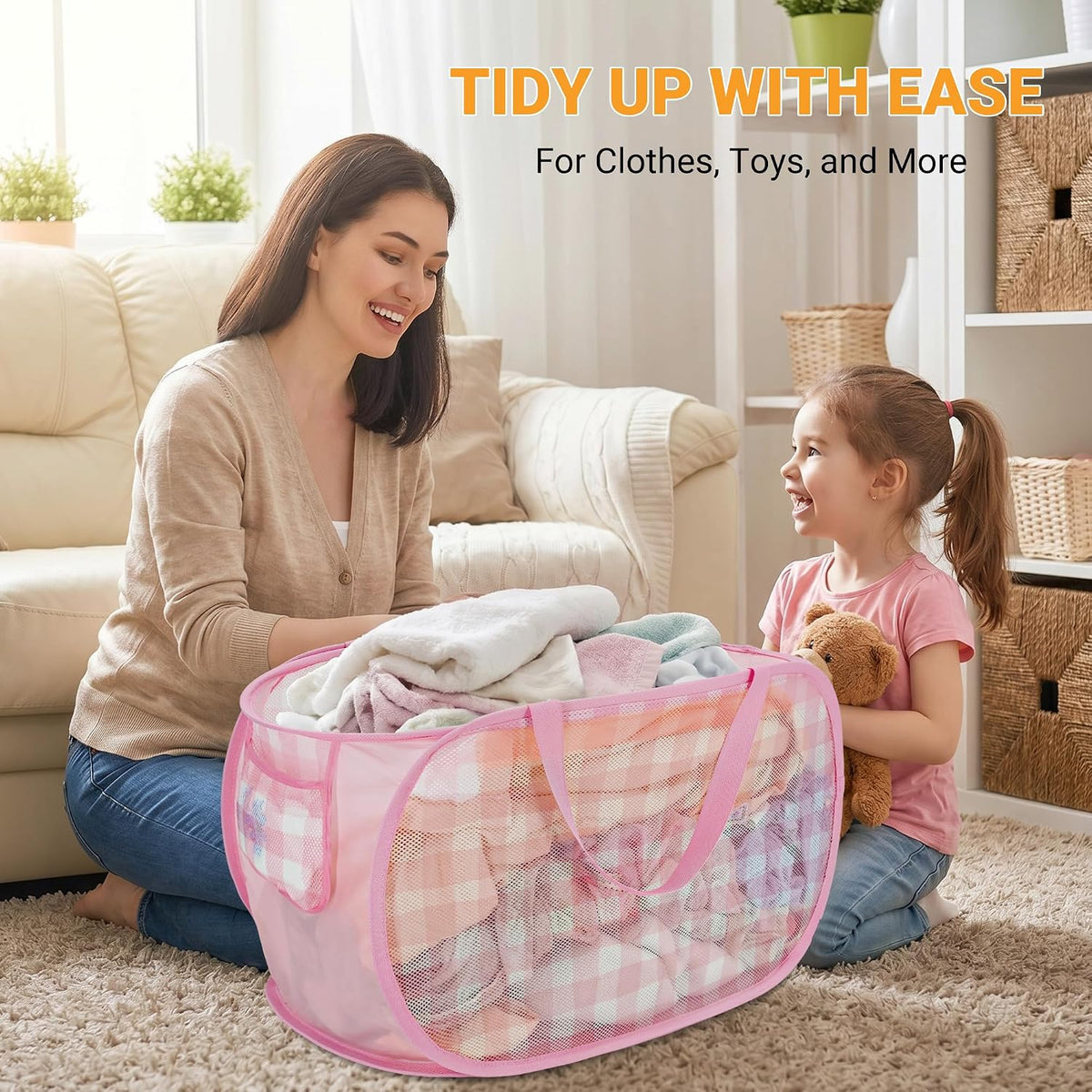Sturdy Collapsible Laundry Baskets - Pop Up Laundry Hampers with Handy Pocket, Foldable Clothes Hamper with Reinforced Carry Handles for Bathroom, Kids Room, Dorm or Travel - Check Print, Pink
