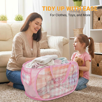 Sturdy Collapsible Laundry Baskets - Pop Up Laundry Hampers with Handy Pocket, Foldable Clothes Hamper with Reinforced Carry Handles for Bathroom, Kids Room, Dorm or Travel - Check Print, Pink