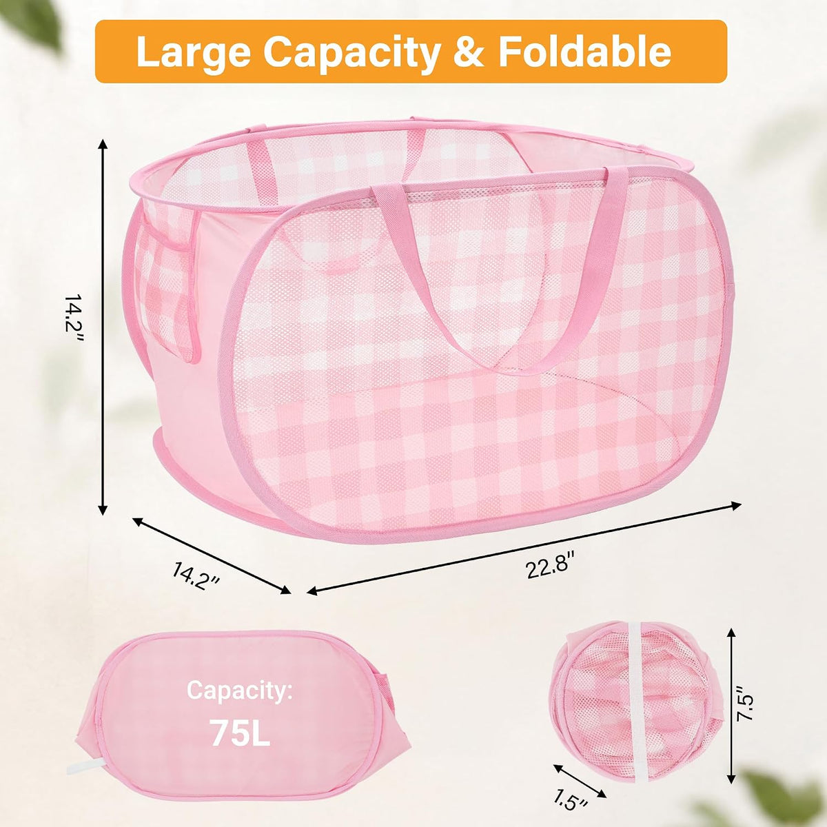 Sturdy Collapsible Laundry Baskets - Pop Up Laundry Hampers with Handy Pocket, Foldable Clothes Hamper with Reinforced Carry Handles for Bathroom, Kids Room, Dorm or Travel - Check Print, Pink