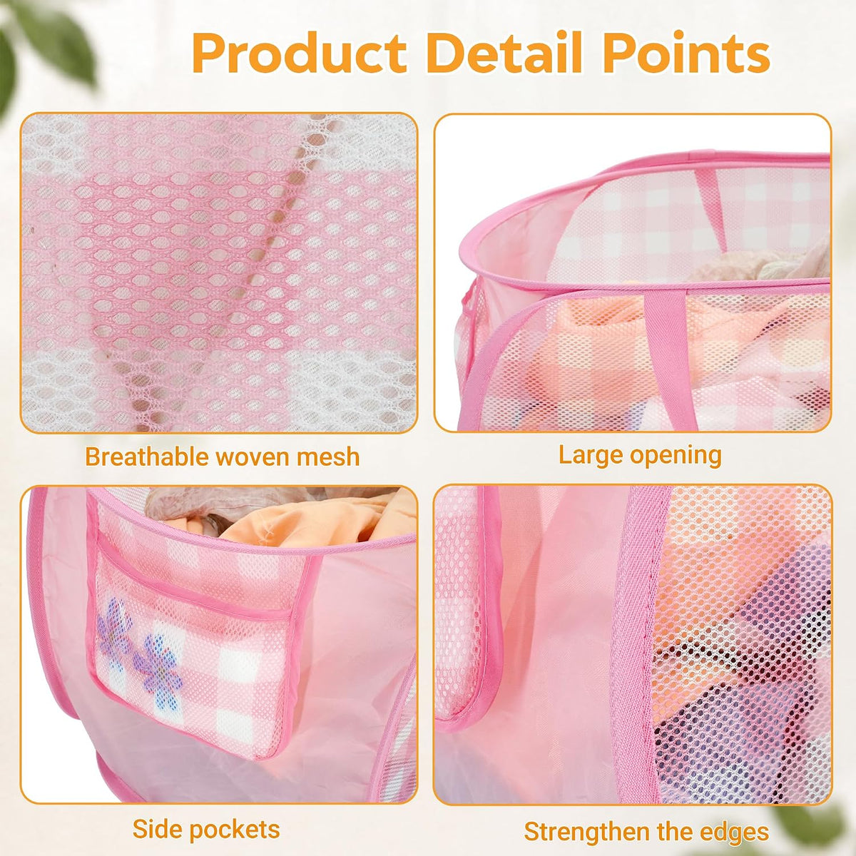 Sturdy Collapsible Laundry Baskets - Pop Up Laundry Hampers with Handy Pocket, Foldable Clothes Hamper with Reinforced Carry Handles for Bathroom, Kids Room, Dorm or Travel - Check Print, Pink