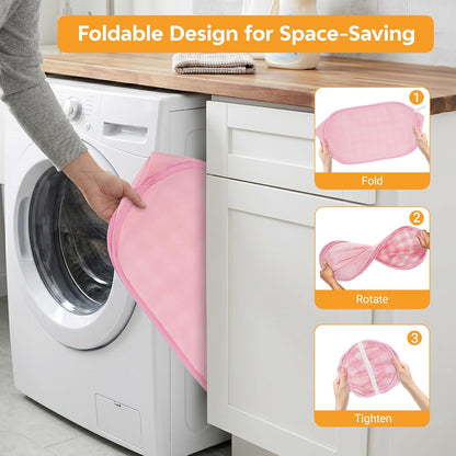 Sturdy Collapsible Laundry Baskets - Pop Up Laundry Hampers with Handy Pocket, Foldable Clothes Hamper with Reinforced Carry Handles for Bathroom, Kids Room, Dorm or Travel - Check Print, Pink