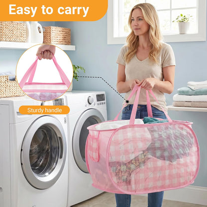 Sturdy Collapsible Laundry Baskets - Pop Up Laundry Hampers with Handy Pocket, Foldable Clothes Hamper with Reinforced Carry Handles for Bathroom, Kids Room, Dorm or Travel - Check Print, Pink