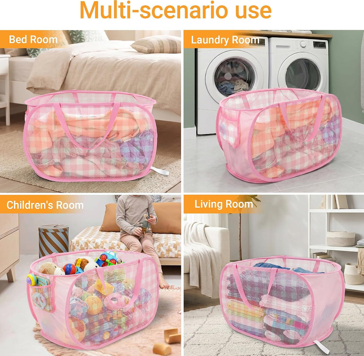 Sturdy Collapsible Laundry Baskets - Pop Up Laundry Hampers with Handy Pocket, Foldable Clothes Hamper with Reinforced Carry Handles for Bathroom, Kids Room, Dorm or Travel - Check Print, Pink