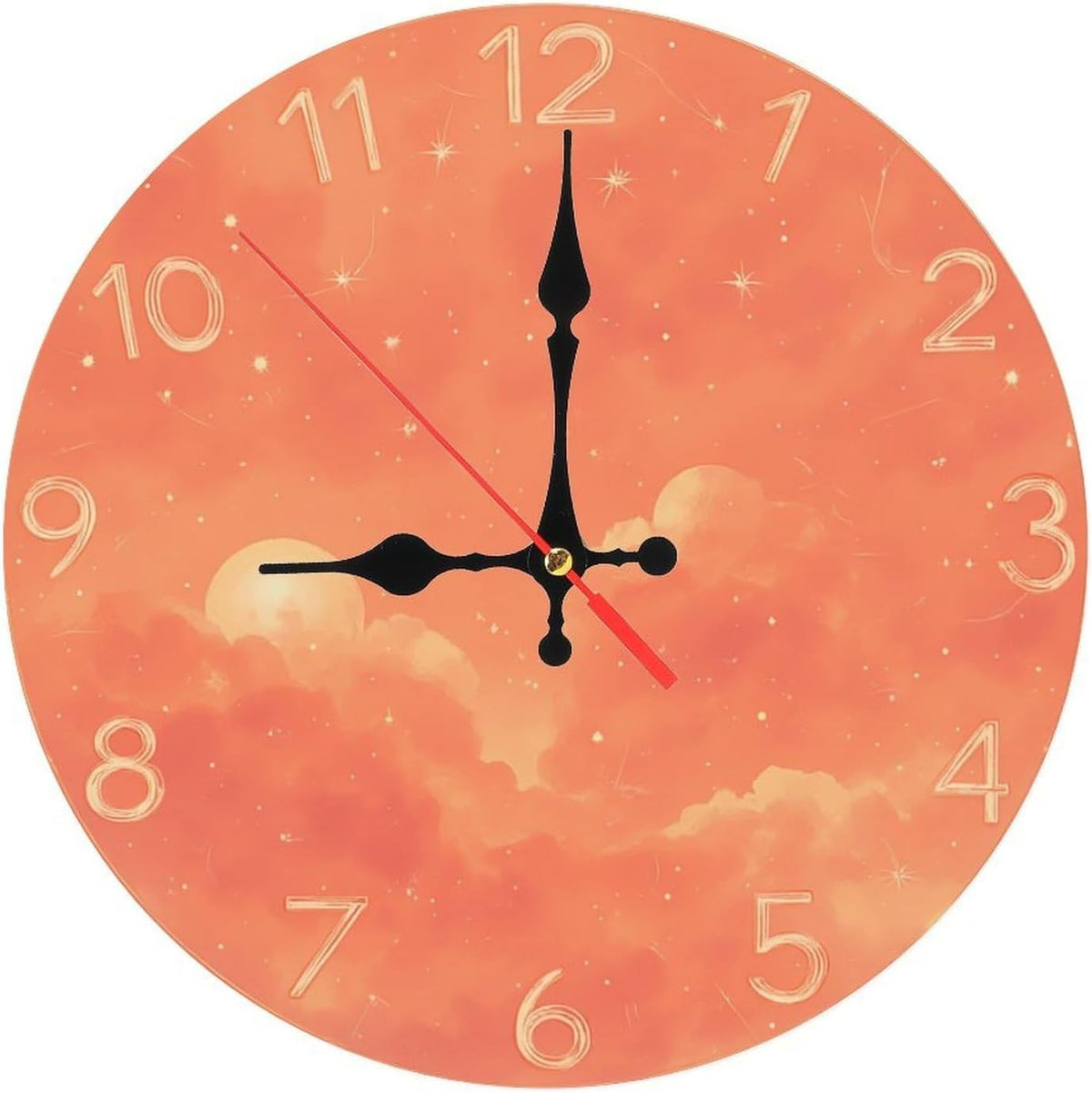 Coral Pink Sky with Cloud and Star Print Wall Clock for Living Room Bedroom 25x25cm