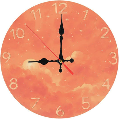 Coral Pink Sky with Cloud and Star Print Wall Clock for Living Room Bedroom 25x25cm