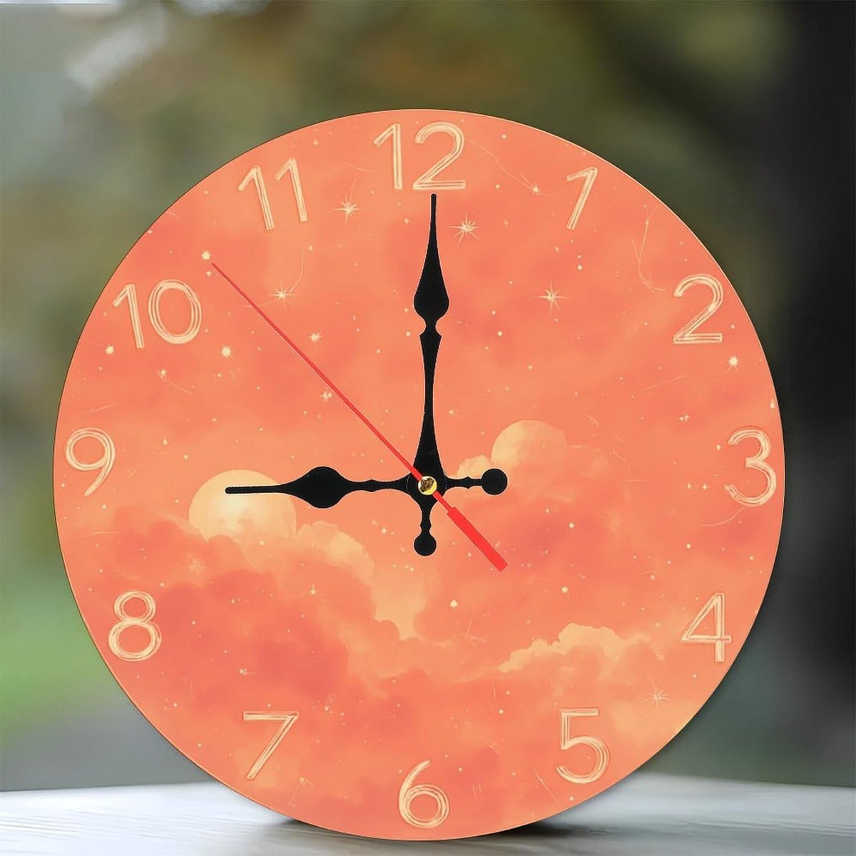 Coral Pink Sky with Cloud and Star Print Wall Clock for Living Room Bedroom 25x25cm