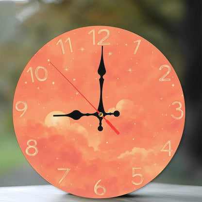 Coral Pink Sky with Cloud and Star Print Wall Clock for Living Room Bedroom 25x25cm