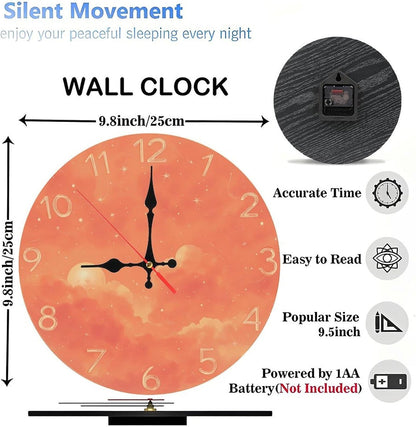 Coral Pink Sky with Cloud and Star Print Wall Clock for Living Room Bedroom 25x25cm