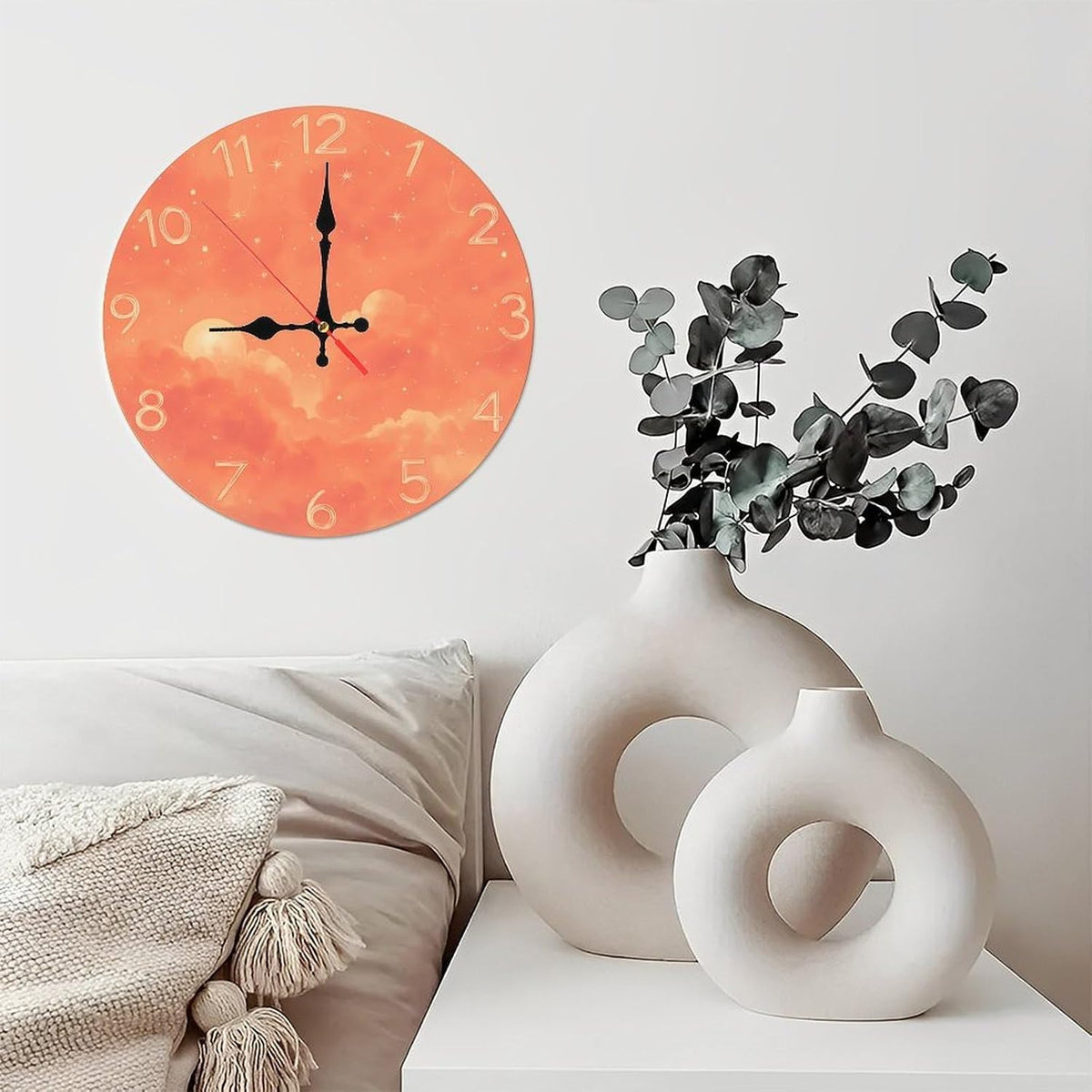 Coral Pink Sky with Cloud and Star Print Wall Clock for Living Room Bedroom 25x25cm