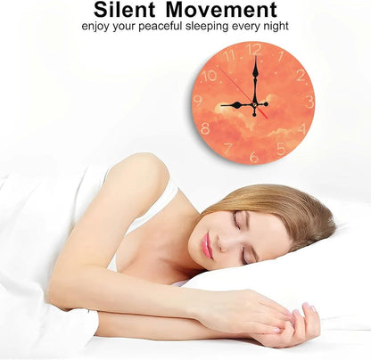 Coral Pink Sky with Cloud and Star Print Wall Clock for Living Room Bedroom 25x25cm