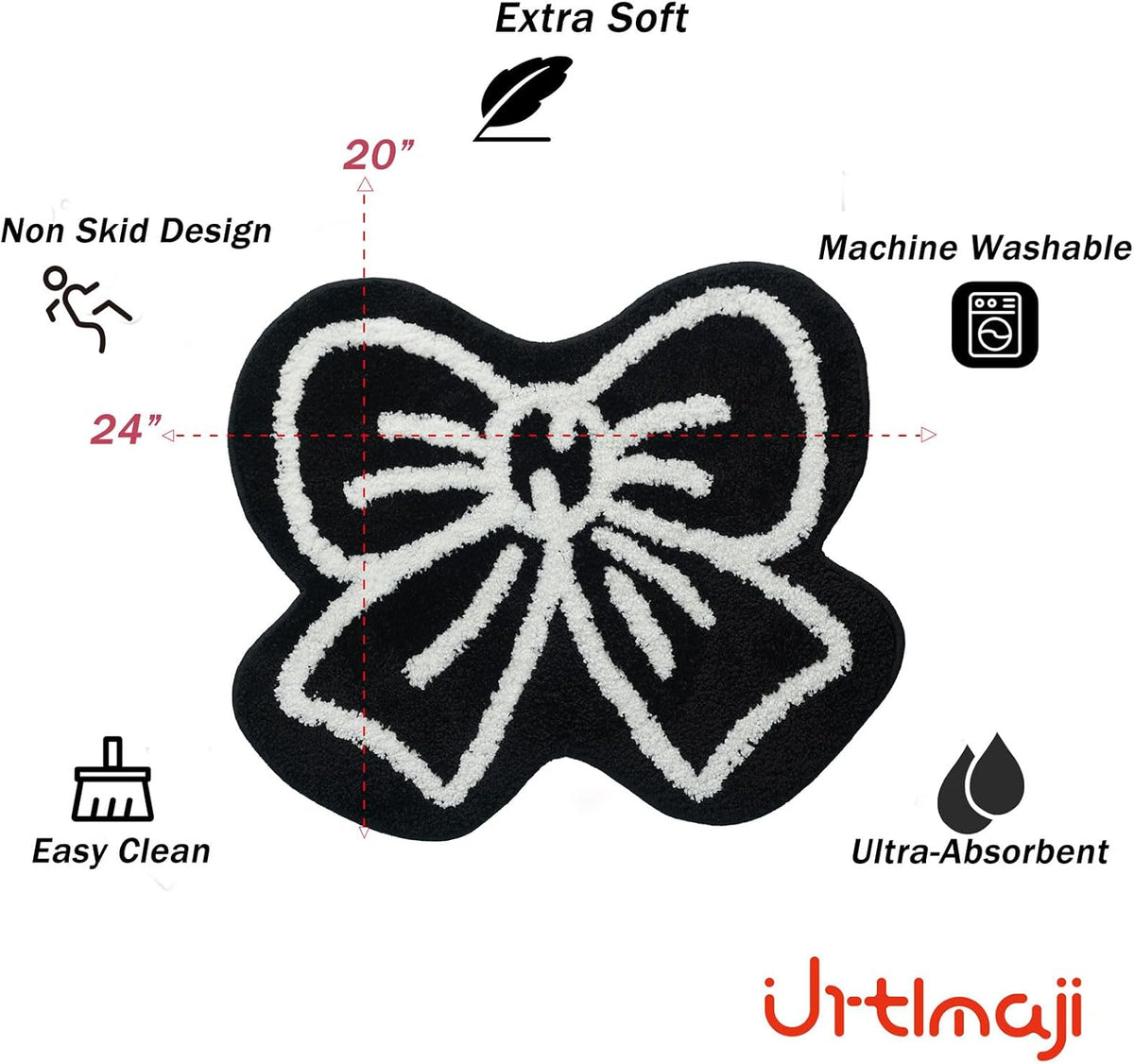 Black Bath Mat for Bathroom Non Slip, Cute Bathroom Rugs Coquette Bow Rug Plush Microfiber Bath Rug, Small Washable Absorbent Bath Mat for Bathtub Sink Girl's Bedside Preppy Decor 24"x20"