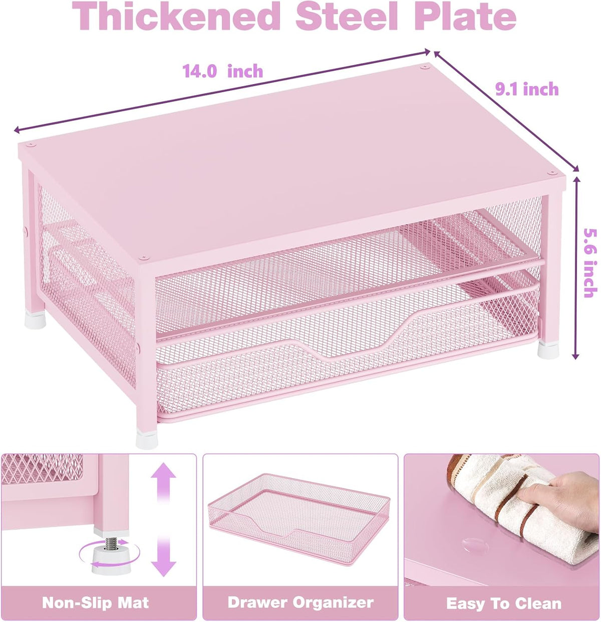 Computer Monitor Stand Riser, Desk Organizer with Drawer, Printer & Laptop Stand, Office Desk Accessories & Workspace Desktop Organizers Storage for Office Supplies(Pink)