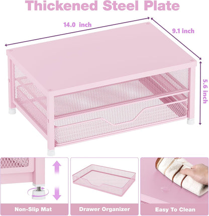 Computer Monitor Stand Riser, Desk Organizer with Drawer, Printer & Laptop Stand, Office Desk Accessories & Workspace Desktop Organizers Storage for Office Supplies(Pink)